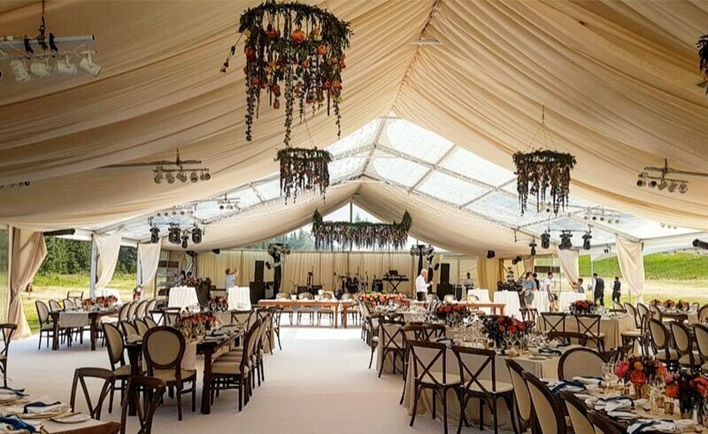 Special Event Rentals - Calgary's Wedding Rentals - Wedding Reception Under Clearspan Tent with Brown & Beige Theme